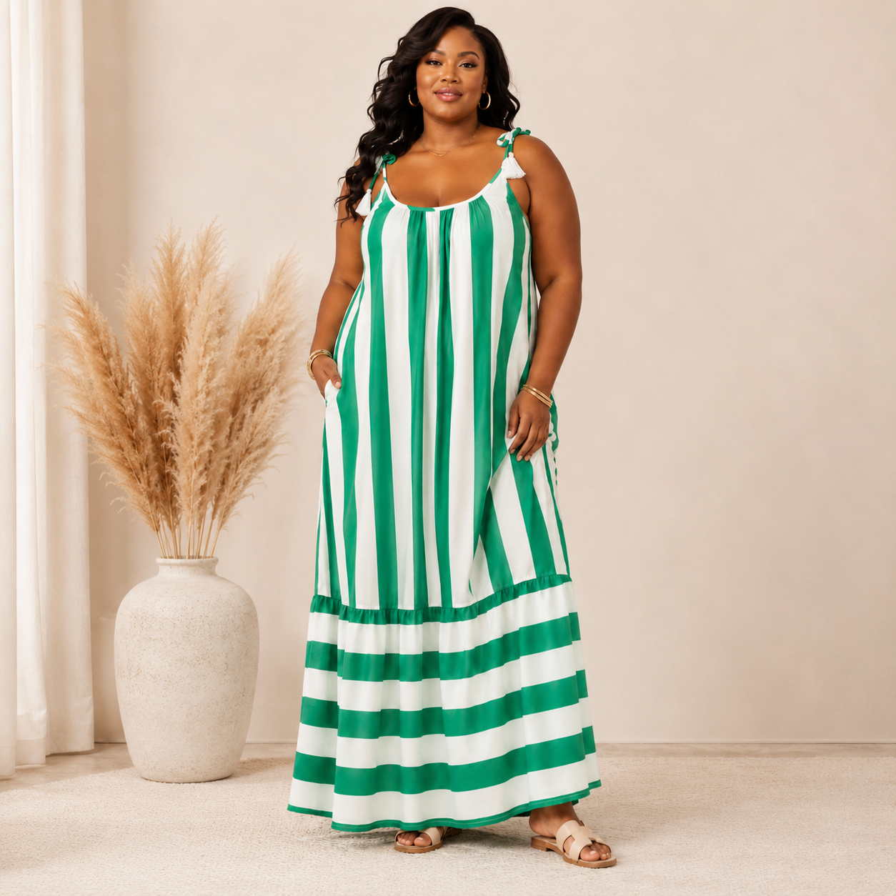 Plus Size Green Stripe Tie Shoulder Maxi Dress with Pockets